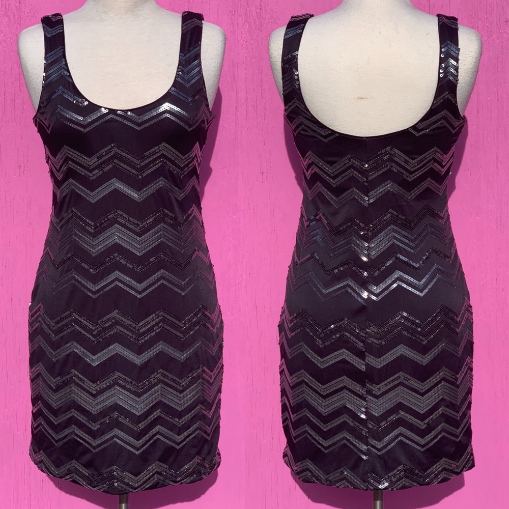 Black Silver Sequined Zig Zag Mini Dress
